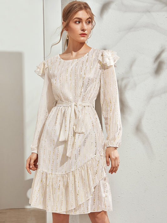 Gilding Print Ruffle Hem Self Tie Dress