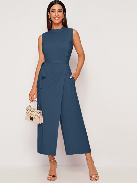 Mock Neck Self Tie Wrap Culotte Jumpsuit