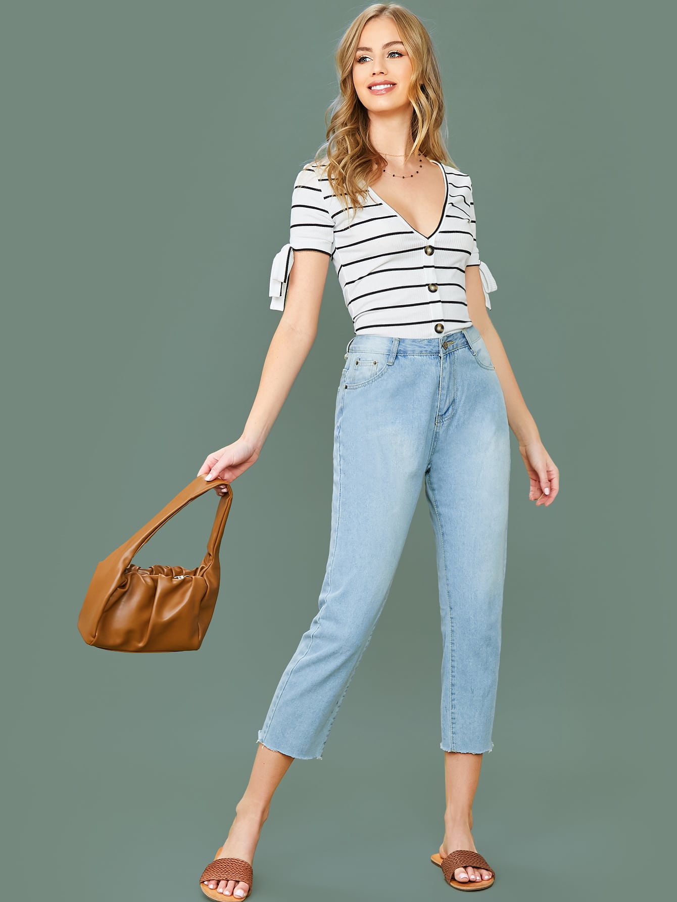 Buttoned Front Knot Cuff Striped Top