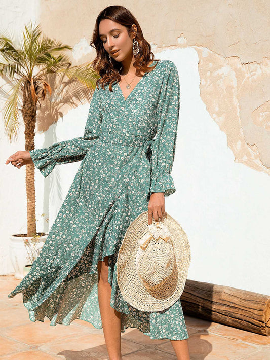 Ditsy Floral Print Tie Side Ruffle Hem Dress