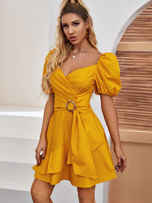 Surplice Neck Tie Front Ruffle Hem Dress