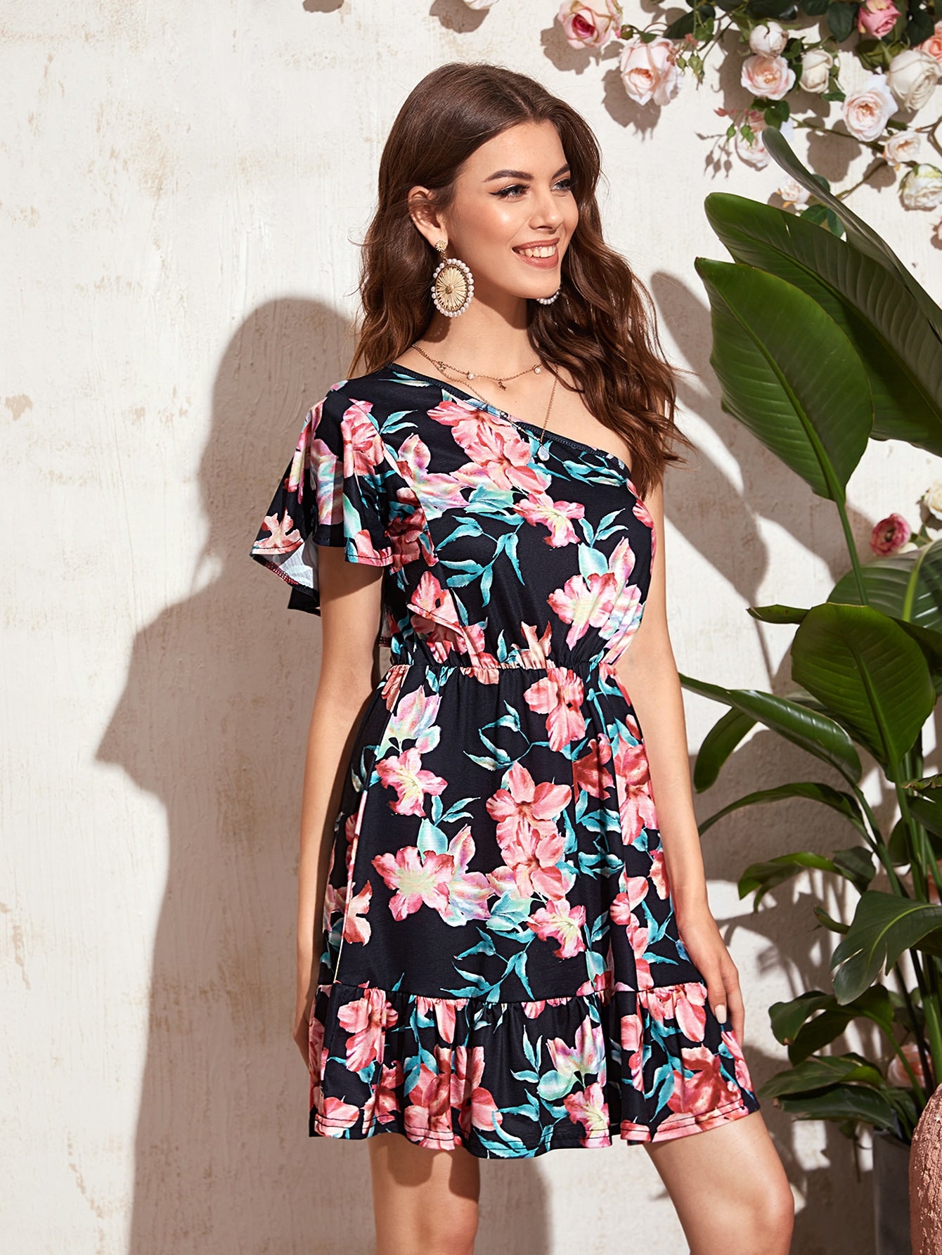 Floral Print Ruffle Trim One Shoulder A-line Dress