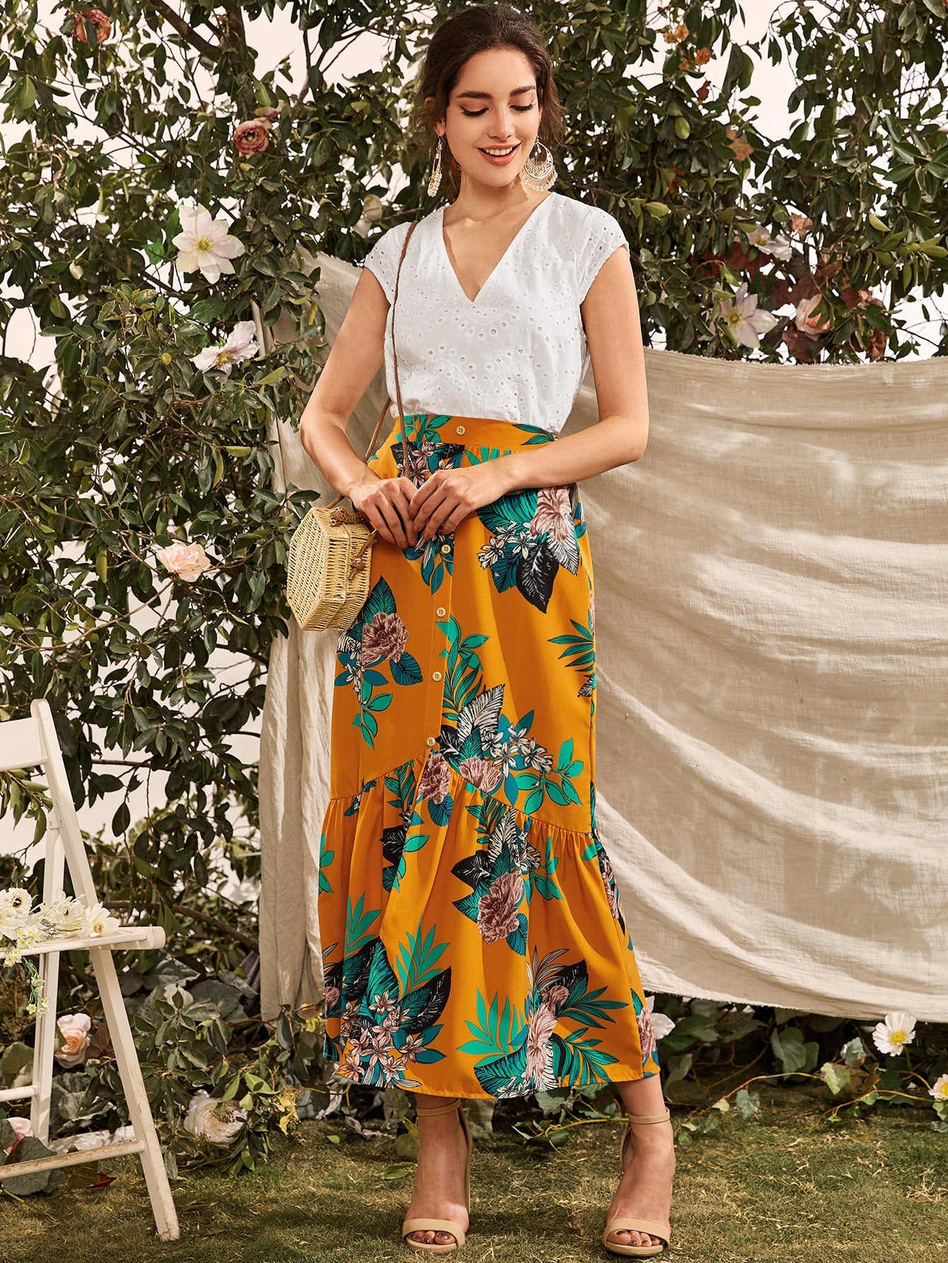Button Front Floral Maxi Skirt