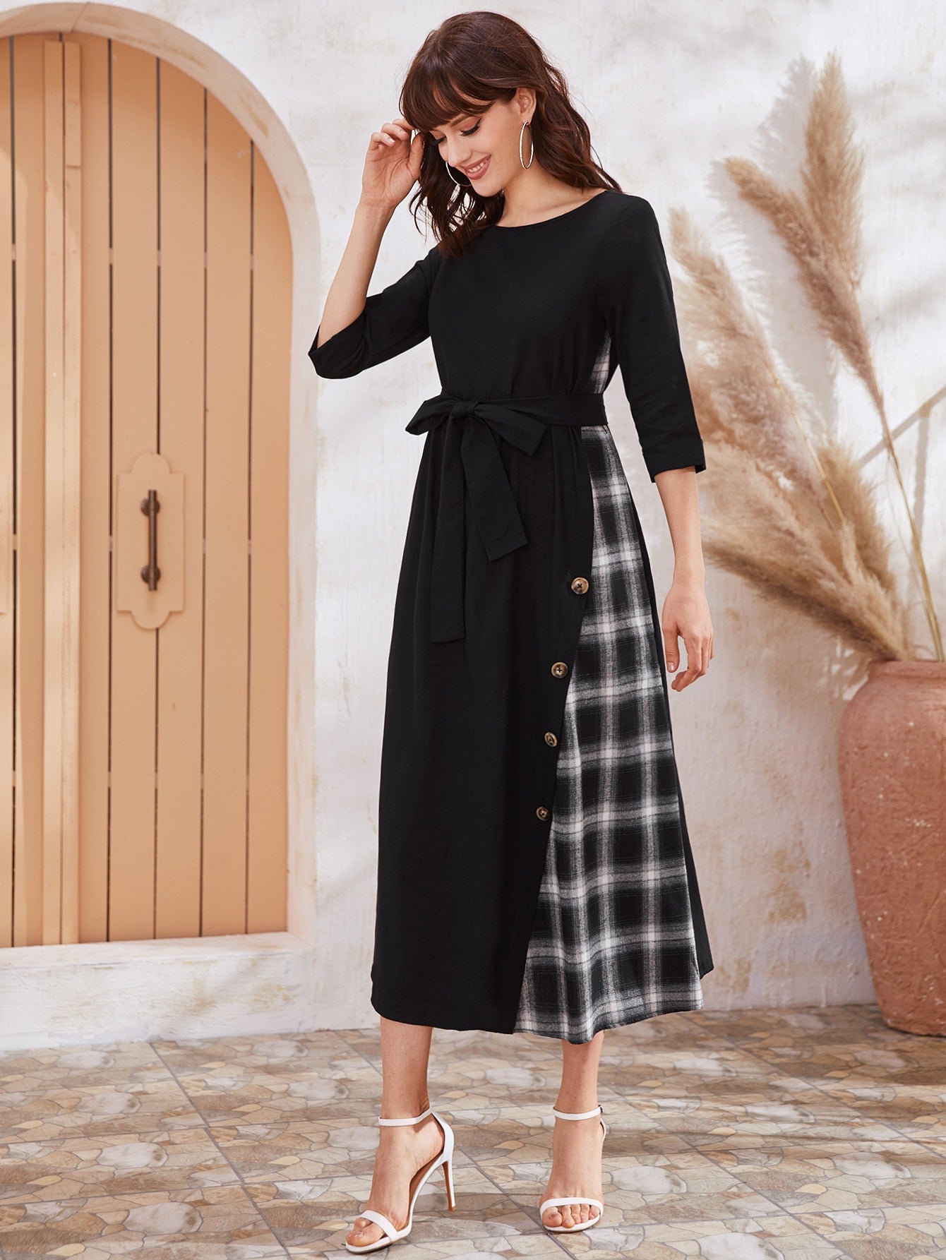 Button Detail Plaid Panel Self Belted Dress