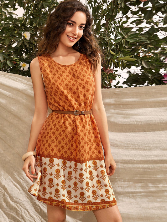 Floral Print Sleeveless Trapeze Dress Without Belt