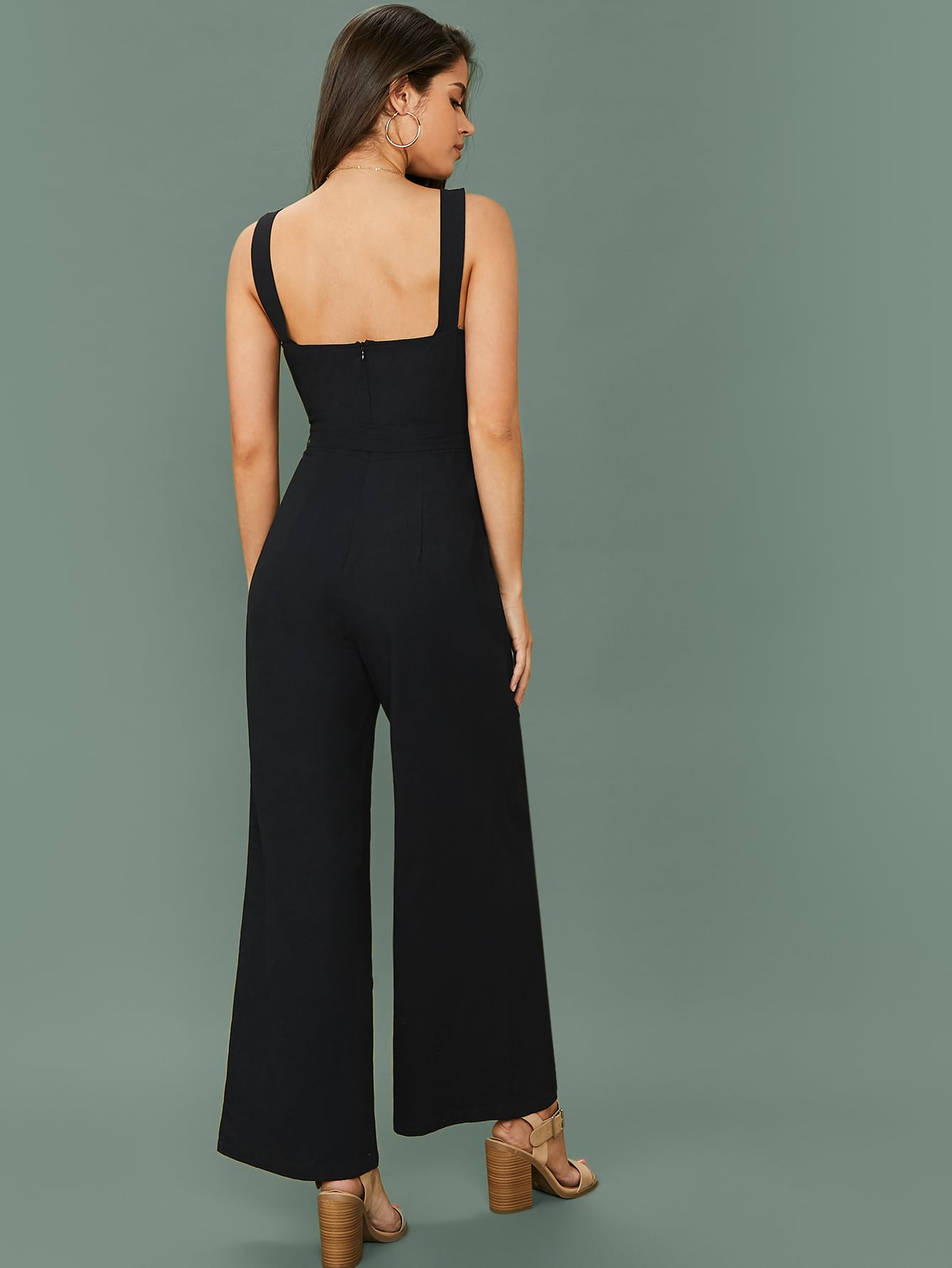 Button Detail Belted Palazzo Jumpsuit