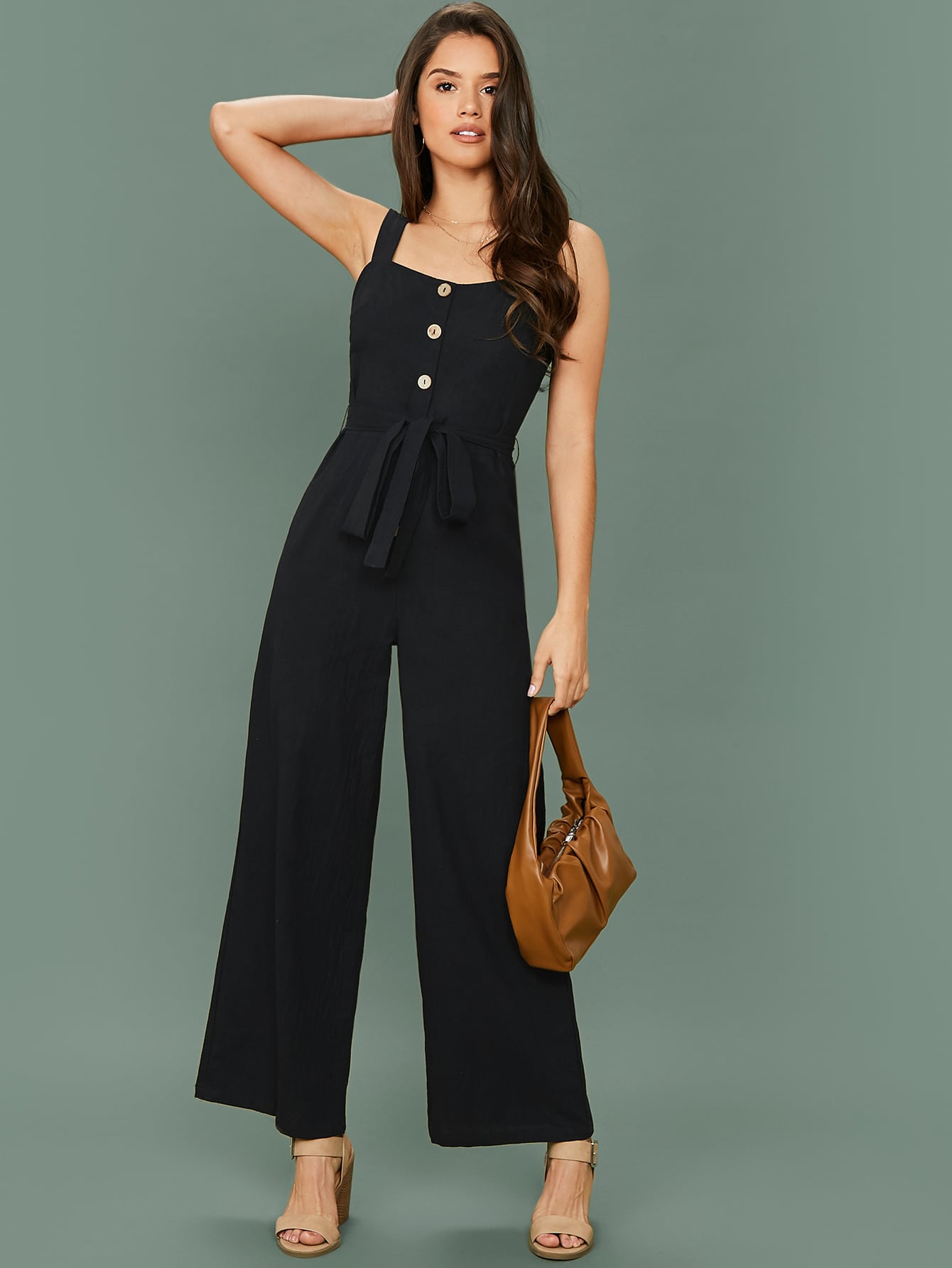 Button Detail Belted Palazzo Jumpsuit