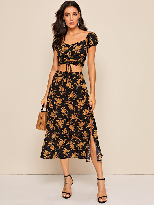 Ruched Drawstring Front Floral Top & Slit Hem Skirt Set