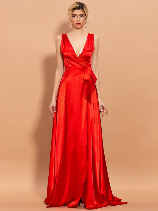 Plunging Neck Wrap Belted Satin Prom Dress