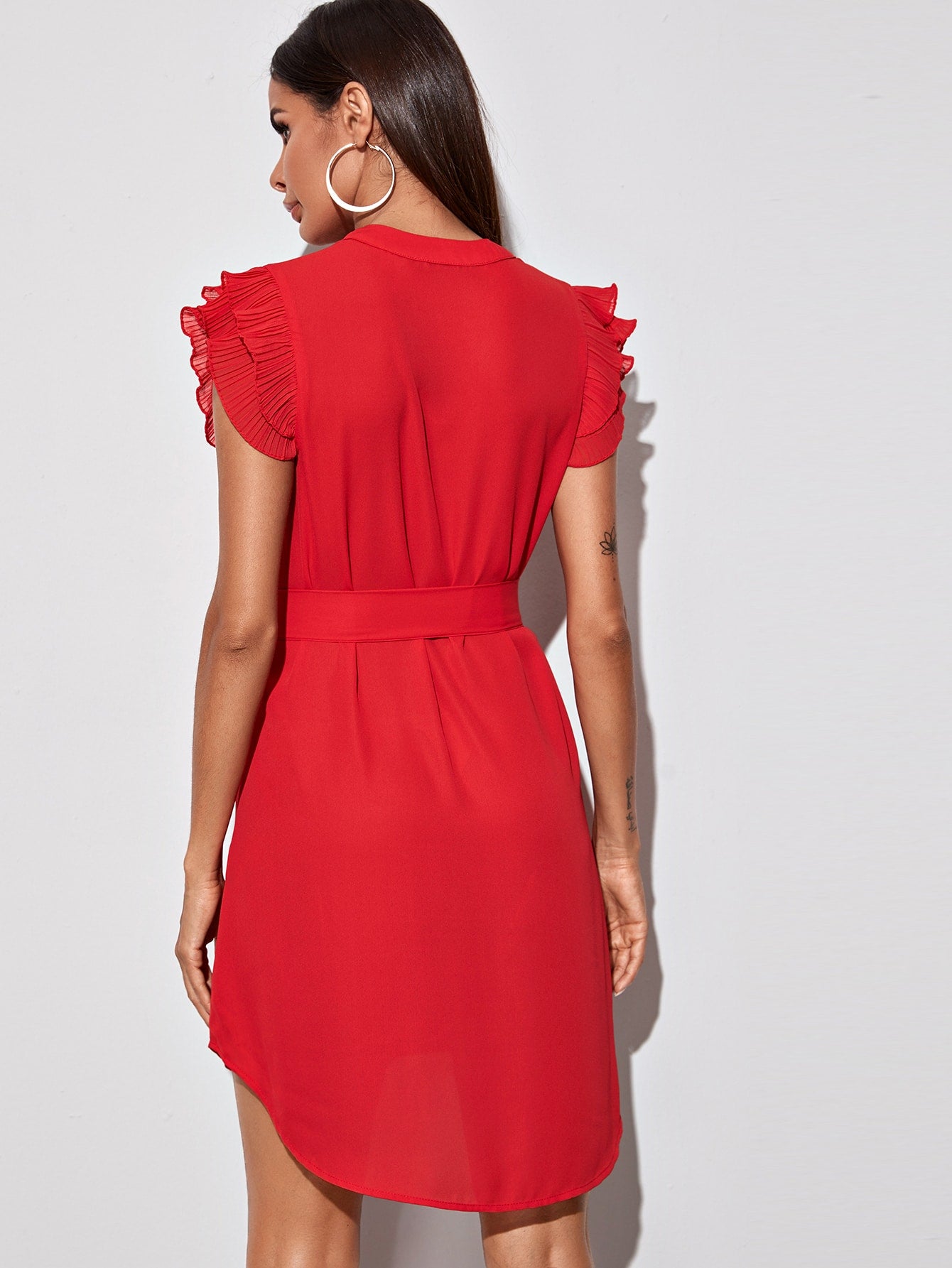Pleated Ruffle Armhole High Low Belted Dress