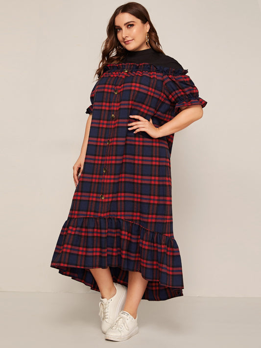 Plus Contrast Yoke Single Breasted Ruffle Hem Tartan Dress