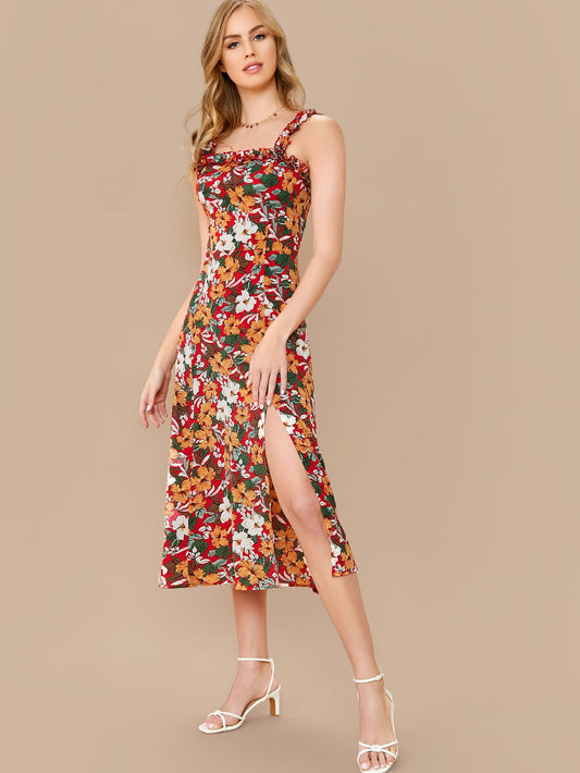 Ruffle Strap Split Hem Floral Dress