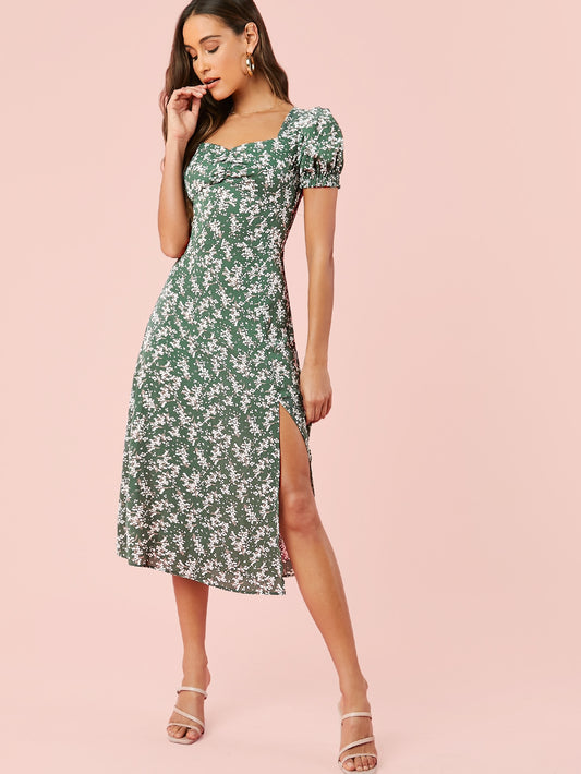 Puff Sleeve Ruched Front Split Thigh Ditsy Floral Dress