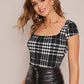 Square Neck Plaid Fitted Top