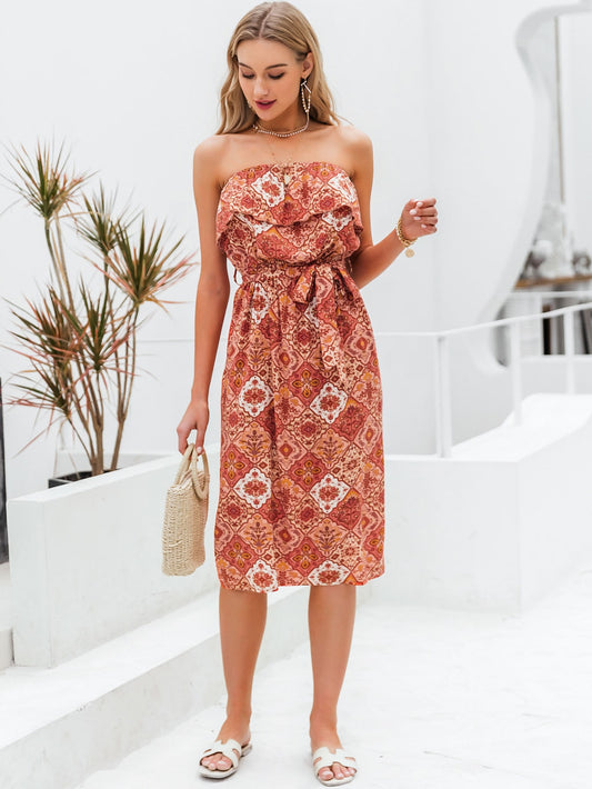 Ruffle Detail Belted Patchwork Tube Dress