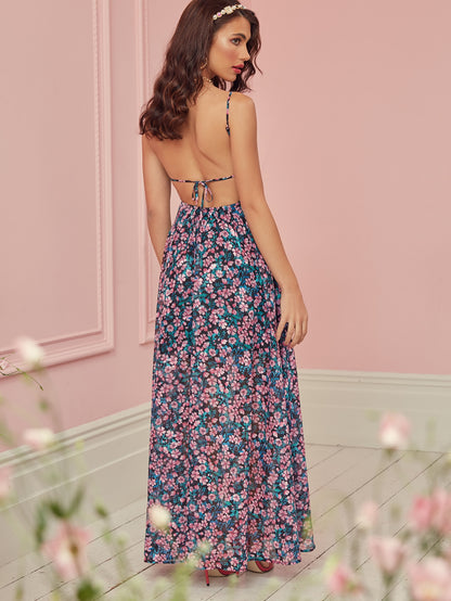 Tie Backless Floral Print Chiffon Slip Dress