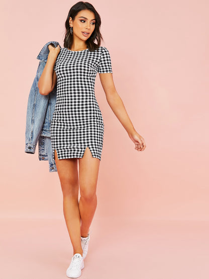 Slit Hem Gingham Dress