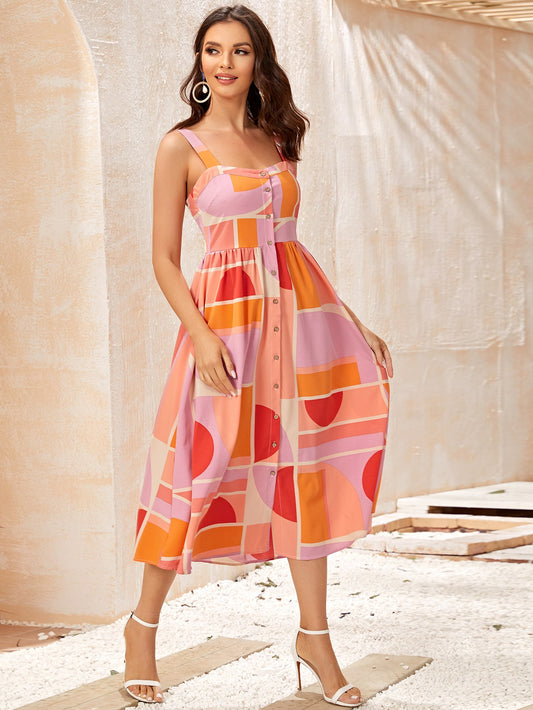 Geo Print Button Front Cami Dress