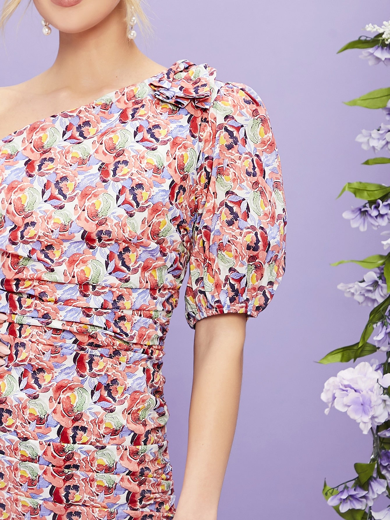 One Shoulder Puff Sleeve Ruched Detail Floral Dress