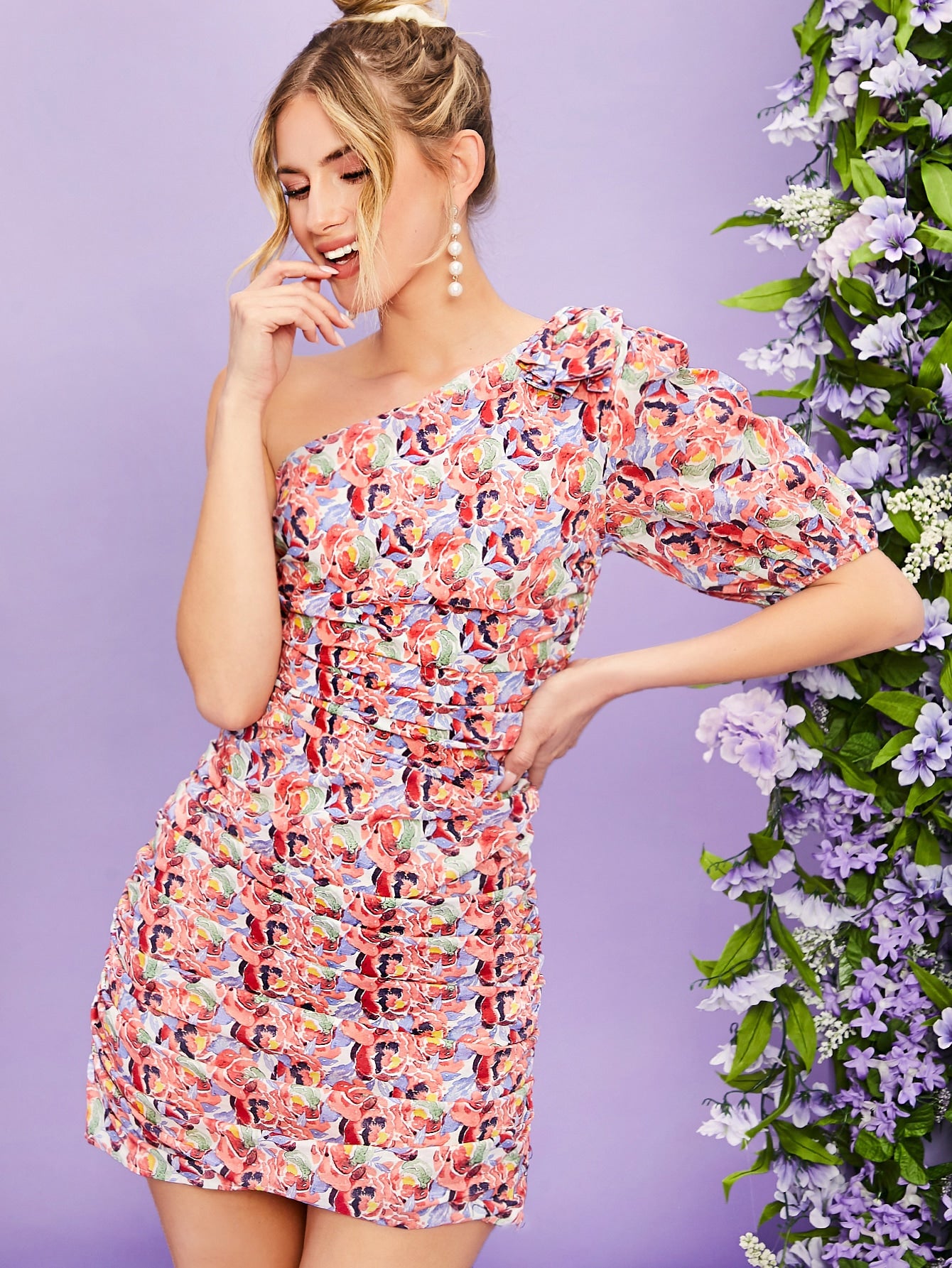 One Shoulder Puff Sleeve Ruched Detail Floral Dress