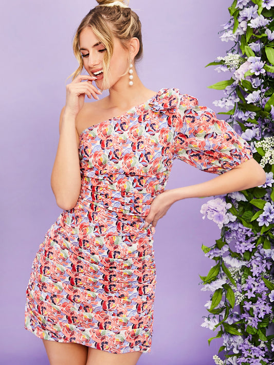 One Shoulder Puff Sleeve Ruched Detail Floral Dress