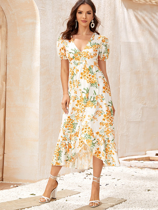 Floral Print Ruffle Tulip Hem Dress