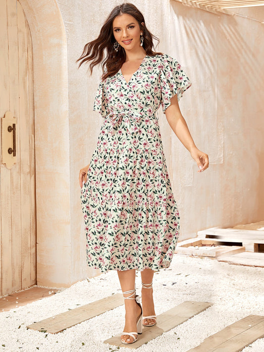 Floral Print Ruffle Hem Belted Dress