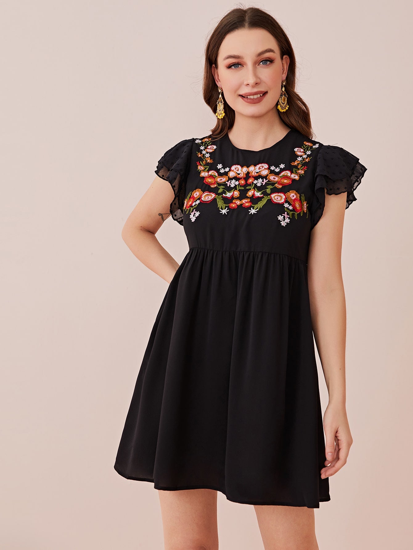 Butterfly Sleeve Floral Embroidered Smock Dress