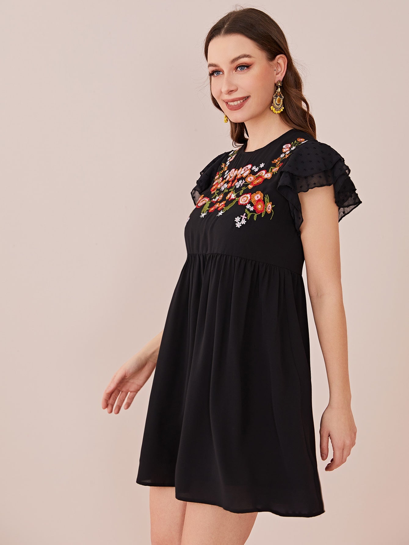 Butterfly Sleeve Floral Embroidered Smock Dress