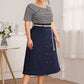 Plus Striped Tee With Double Button Skirt Without Belted