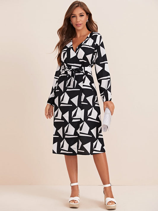 Geo Print Belted Wrap Dress