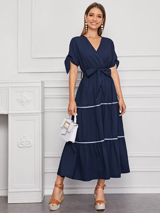 Surplice Front Tribal Tape Flounce Dress