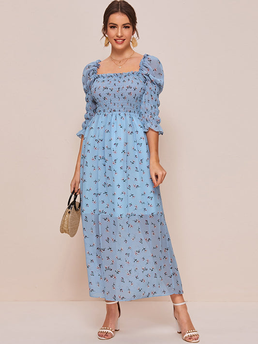 Ditsy Floral Print Square Neck Shirred Dress