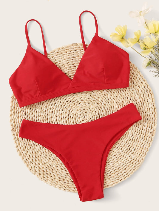 Solid Adjustable Strap Bikini Swimsuit