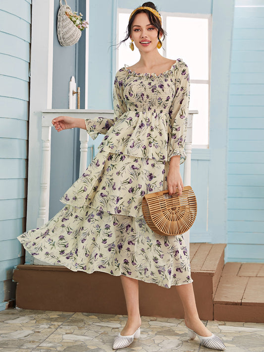Floral Print Layered Hem Chiffon Bardot Dress