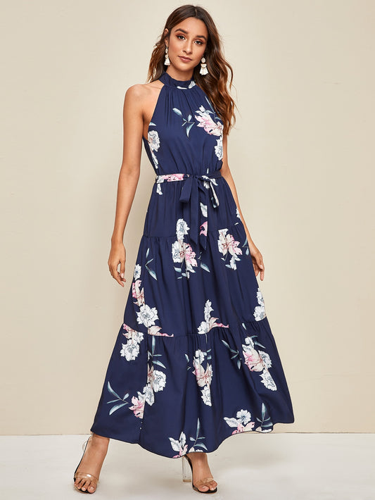 Floral Print Ruffle Hem Belted Halter Dress