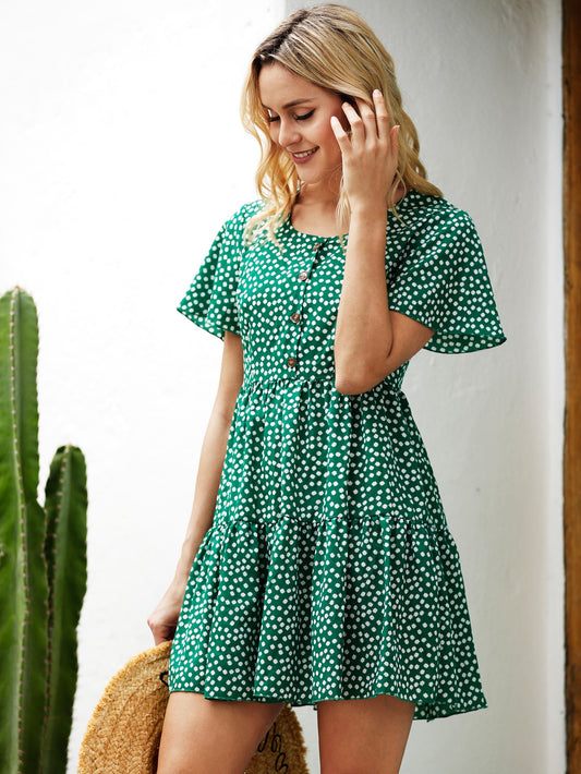 Ditsy Floral Button Detail Ruffle Hem Smock Dress