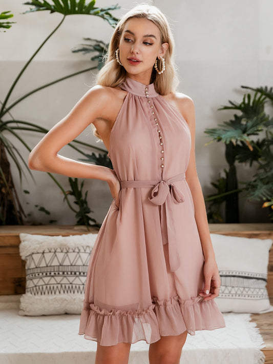 Ruffle Hem Button Front Belted Floral Dress