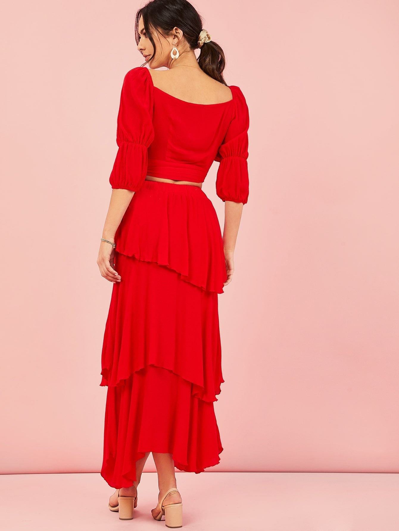 Gathered Sleeve Tie Side Wrap Top and Layered Hem Skirt Set