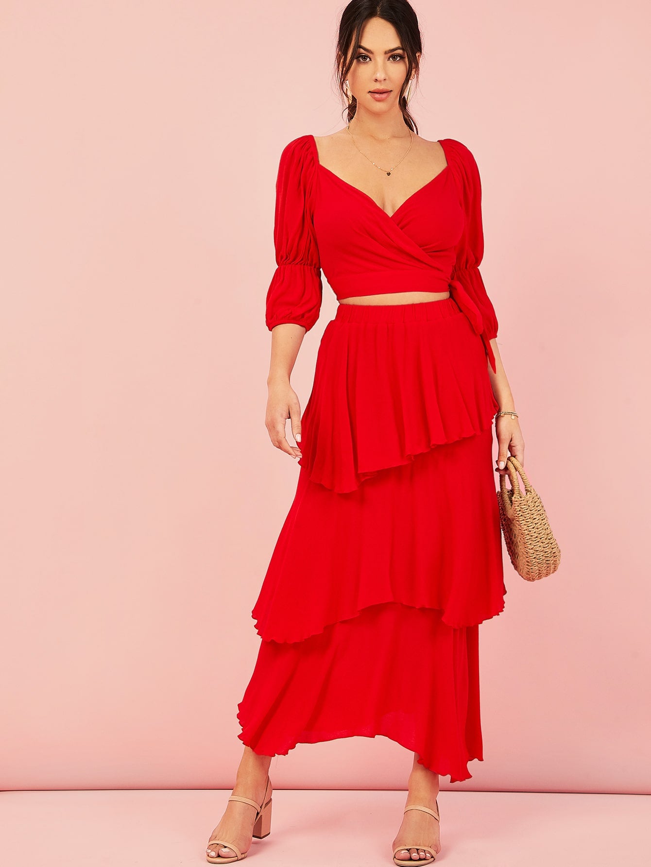 Gathered Sleeve Tie Side Wrap Top and Layered Hem Skirt Set