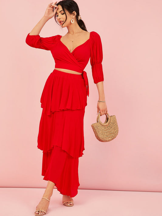 Gathered Sleeve Tie Side Wrap Top and Layered Hem Skirt Set
