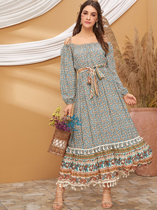 Tie Shoulder Fringe Ruffle Hem Ditsy Floral Dress