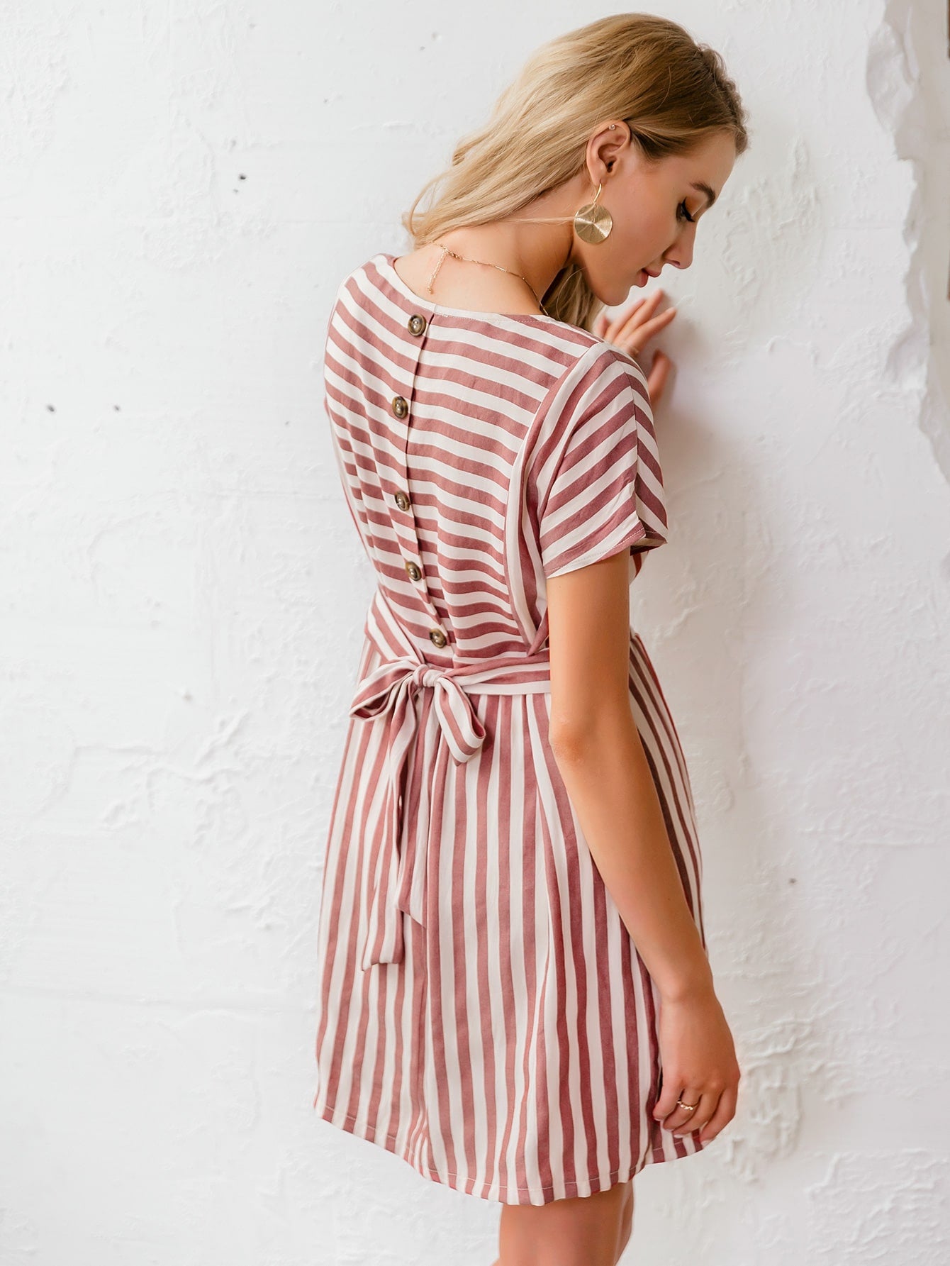 Button Back Belted Striped Dress