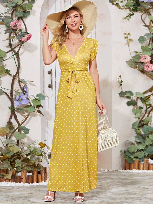 Plunging Neck Polka Dot Belted Maxi Dress