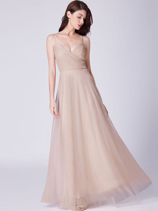 Zip Back Surplice Neck Mesh Prom Cami Dress