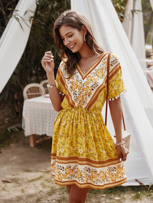 Floral Print Pom Pom Detail Dress