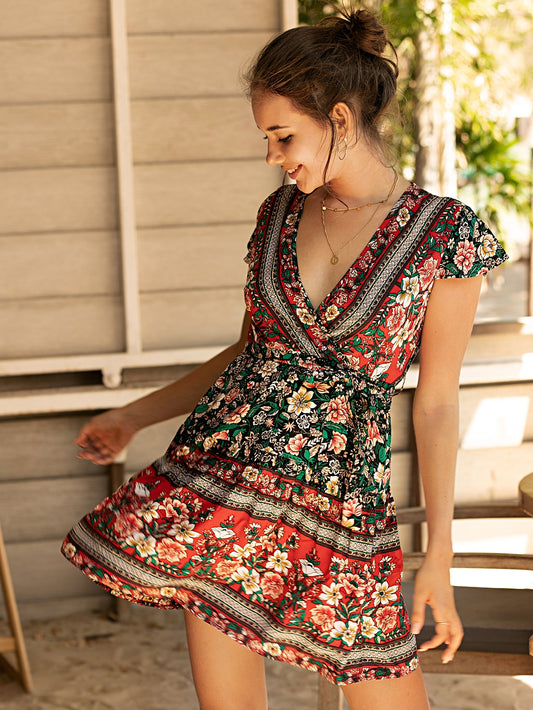 Surplice Neck Floral Print A-line Dress