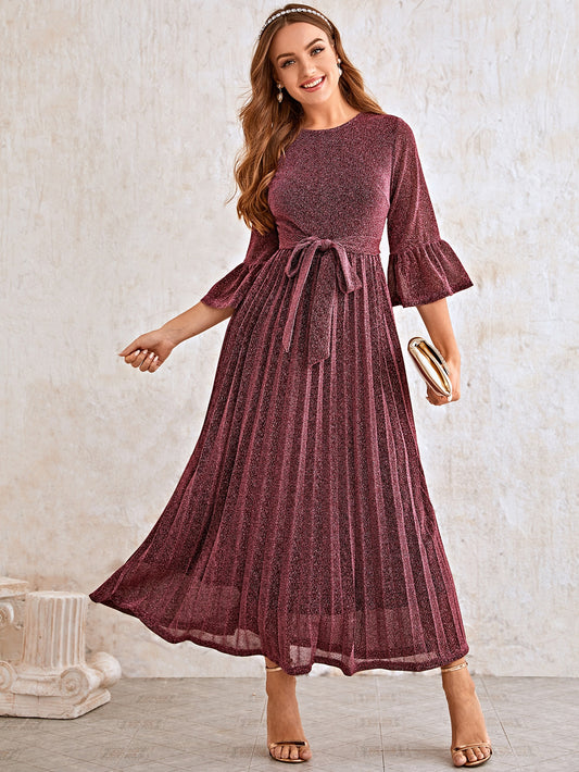 Flounce Sleeve Pleated Hem Belted Glitter Dress