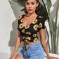 Drawstring Tie Front Sunflower Crop Tee