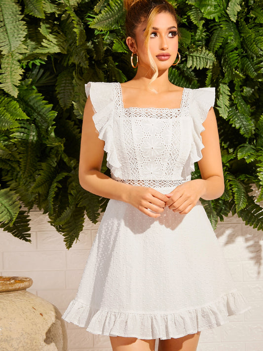 Ruffle Trim Eyelet Embroidered Bodice Lace Tape Swiss Dot Dress